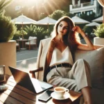 Woman sitting at a café with a laptop, representing entrepreneurial success, time freedom, and passive income through business automation, - Jeni Hott’s Time Rich Millionaire™ brand.