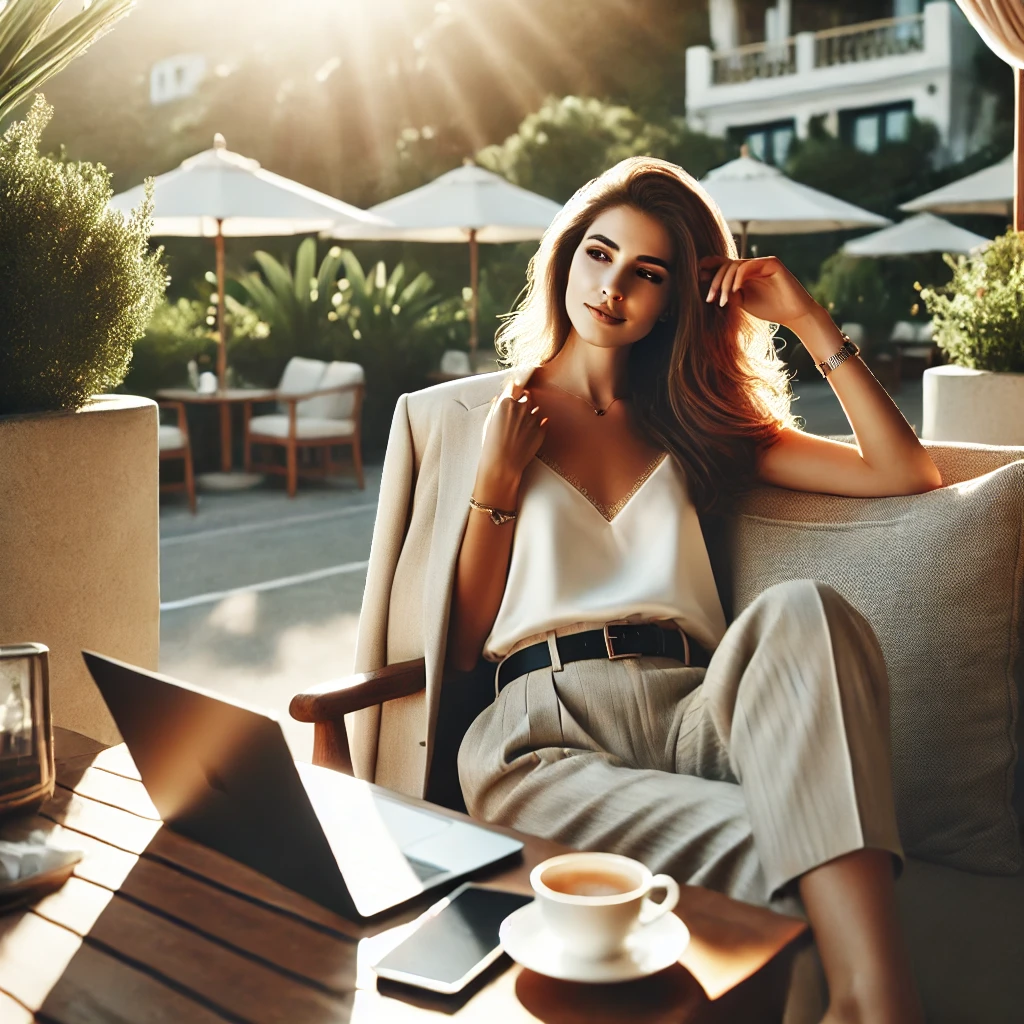 Woman sitting at a café with a laptop, representing entrepreneurial success, time freedom, and passive income through business automation, - Jeni Hott’s Time Rich Millionaire™ brand.